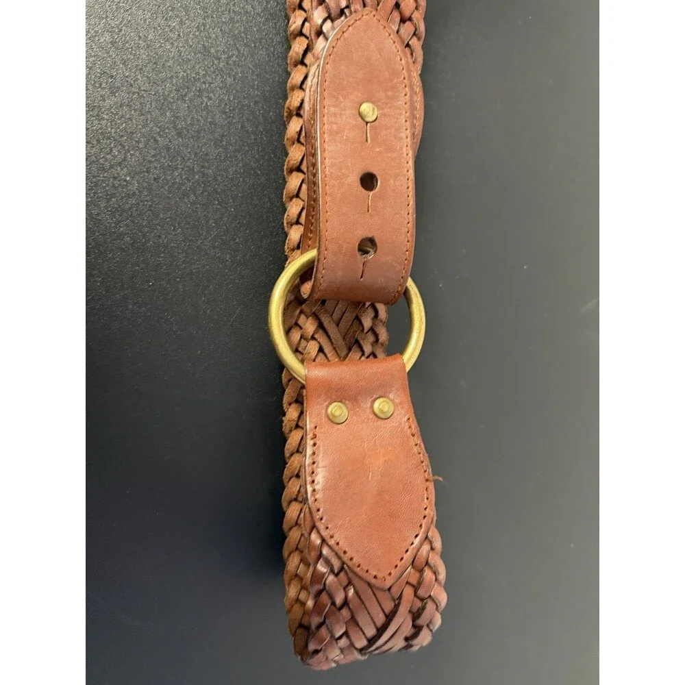 Fossil Brown Braided Leather Belt Brass Ring Buckle Size L Genuine Leather
